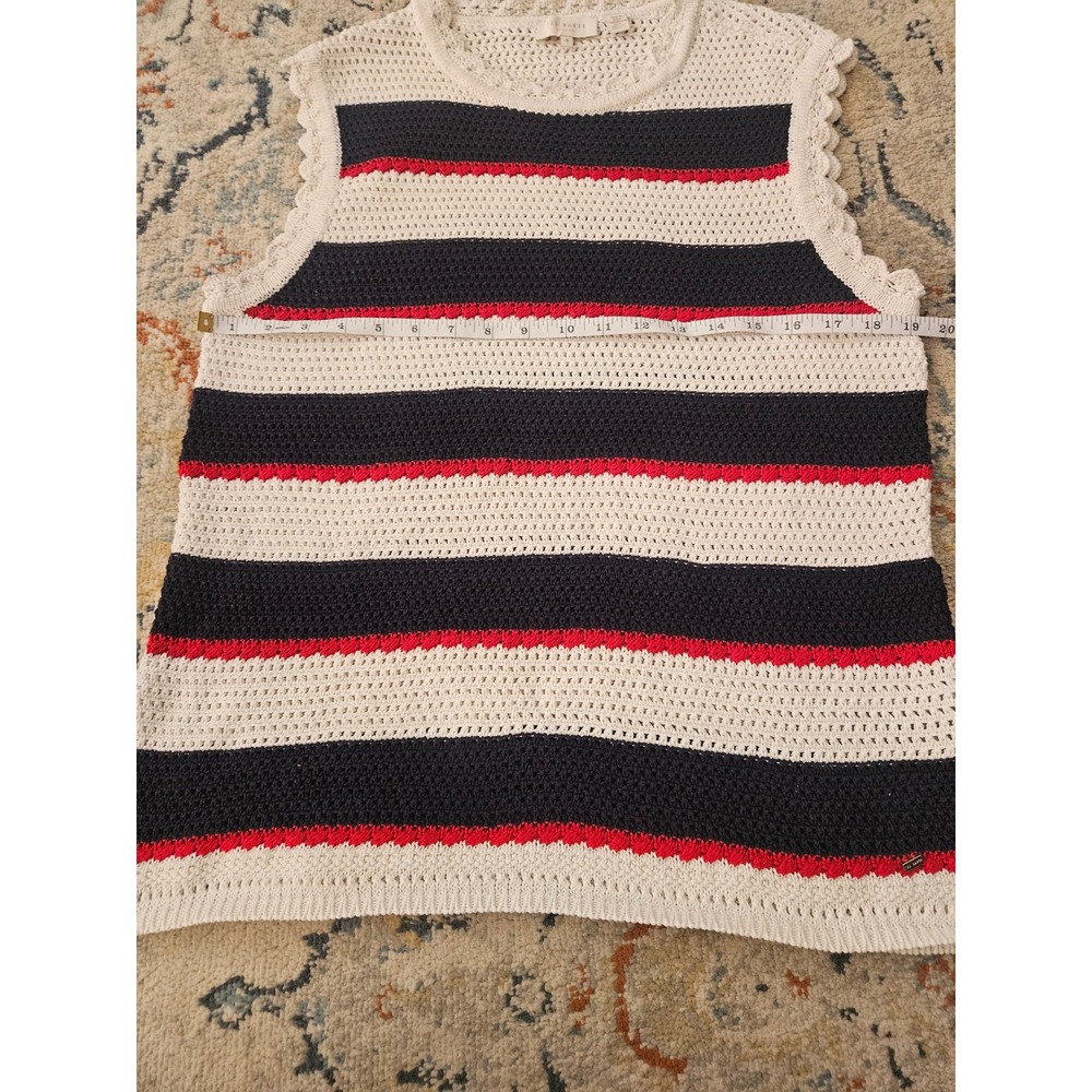 Ted Baker Crochet Knit Top Womens 4 L Cream Navy Red Excellent Scalloped Trim - Picture 3 of 7